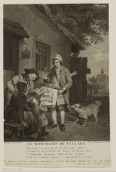 Ambulerande trycksakssäljare i en by Le Marchand de Village (titel på objekt)