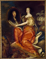 Porträtt av Henriette Anne (Henriette-Anne) av England (1644-1670) Hertiginna av Orleans som håller porträttet av Philippe Duc av Orleans (1640-1701) dit Monsieur. Dubbelporträtt: Abymemålning i en målning. Målning av Antoine Mathieu (1631-1673) 1664 Sön.