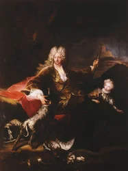 Porträtt av Marchese Paolo Corbelli, i full längd, sittande på en bank vid kanten av ett skogsområde, 1709