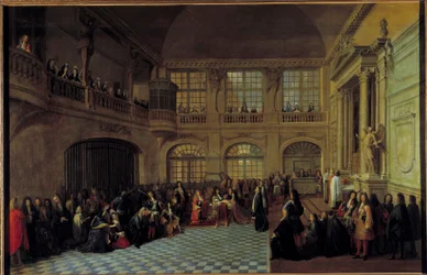 Kung Ludvig XIV tar emot eden av markisen de Dangeau, stormästare över de återförenade orden av Notre Dame du Mont Carmel och Saint Lazarus, i kapellet på slottet i Versailles, den 18/12/1695. Philippe de Courcillon, markis de Dangeau (1638-172