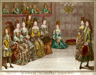 Dans i det fjärde sovrummet i lägenheterna i Louis XIV:s familj (1638-1715) under kvällarna i lägenheten i Versailles runt 1696: hertigen av Chartres dansar menyn med Mademoiselle i närvaro av hertiginnan av Maine, hertigen av B