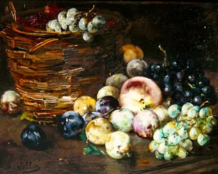Stilleben av en korg med frukter på ett bord, ca 1870 (olja på duk)