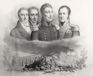 Den provisoriska regeringen den 29 juli 1830. L till R: Jacques Lafitte (1767-1844), Casimir Perier (1777-1832), General Lafayette (1757-1834) och Comte Etienne Maurice Gerard (1773-1852) 1831 (