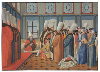 Presentationen av greve de Vergennes, Ludvig XV:s ambassadör, till Reis Effendi, storvesir för den osmanska sultanen "Uthman III" den 31 maj 1755