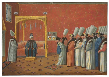 Presentationen av greve de Vergennes, Ludvig XV:s ambassadör, för sultan "Uthman III i tronrummet i Topkapipalatset den 3 juni 1755