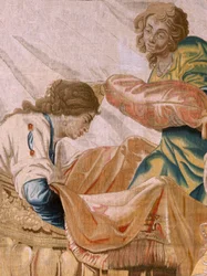 flamländsk gobeläng. Serien Story of Theseus. Bacchus tar Ariadne som sin hustru (Baco toma a Ariadna por esposa). Nionde gobeläng i serien. Modell Anthonis Sallaert. Tillverkning Jan Raes den yngre, Bryssel. Ca 1630. ; Tyg Siden och ull. Storlek 392 x 45