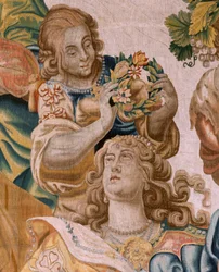 flamländsk gobeläng. Serien Story of Theseus. Bacchus tar Ariadne som sin hustru (Baco toma a Ariadna por esposa). Nionde gobeläng i serien. Modell Anthonis Sallaert. Tillverkning Jan Raes den yngre, Bryssel. Ca 1630. ; Tyg Siden och ull. Storlek 392 x 45