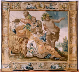 flamländsk gobeläng. Serien Story of Theseus. Bacchus tar Ariadne som sin hustru (Baco toma a Ariadna por esposa). Nionde gobeläng i serien. Modell Anthonis Sallaert. Tillverkning Jan Raes den yngre, Bryssel. Ca 1630. ; Tyg Siden och ull. Storlek 392 x 45