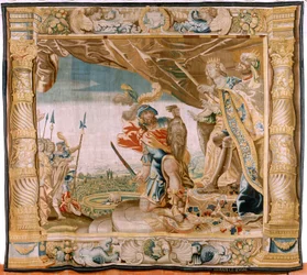 flamländsk gobeläng. Serien Story of Theseus. Theseus presenterar Minotaurens huvud till kungen och drottningen av Kreta (Teseo presenta a los Reyes de Creta la cabeza del Minotauro). Sjunde gobelängen i serien. Modell Anthonis Sallaert. Tillverkar Jan Rae