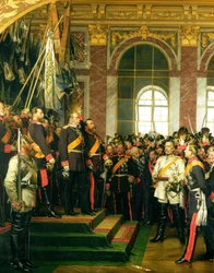 Proklamationen av Wilhelm som kejsare av det nya Tyska riket i Spegelsalen i Versailles den 18 januari 1871, målad 1885