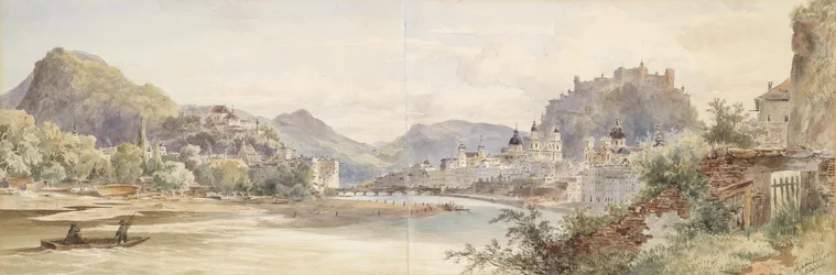 Tyska: Panorama över staden Salzburg med fästningen Hohensalzburg