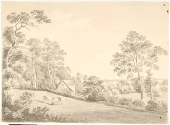 Landskap med hus och kor vid Elbe