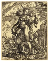 Heresias gudom, en allegorisk figur i form av en kvinna med åsneöron, som håller i en bok med sönderrivna sidor och en monstruös varelse mellan benen. Motreformistiskt satiriskt tryck av Anton Eisenhout (1554-1603) Slutet av 1500-talet