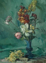 Blommor i blå vas och bukett primula