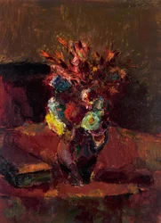 Blomsterbukett med röd bordsduk