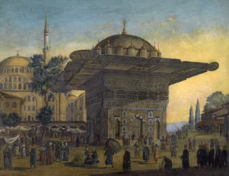 ""Utsikt över Tophane-fontänen (Top Hane), Istanbul, Turkiet"" Målning av Antoine Ignace Melling (1763-1831) 1819 Privat samling