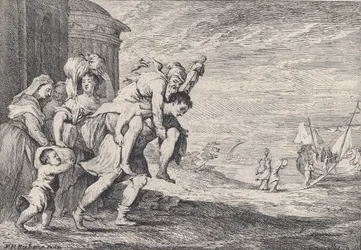 Aeneas flyr från Troja, med en grupp på sex figurer som lämnar staden till vänster, Aeneas bär..., 1728.