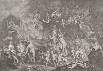 Venusfesten, med grupper av satyrer, nymfer och putti som dansar runt en staty av Ve..., 1732.