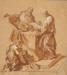 En överstepräst, profetinnan Anna och en knästående pojke runt ett bord, 1745.