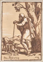 Äldre herde lutad mot en stav, 1722.