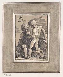 Två barn som leker med ett lamm, 1725.