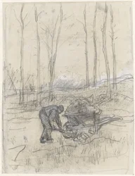Bonde som arbetar med en skottkärra i skogen