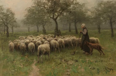 Herdinna med en flock får. Omkring 1870-88