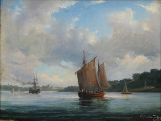 Fjordlandskap med fiskebåtar och en hjulångare