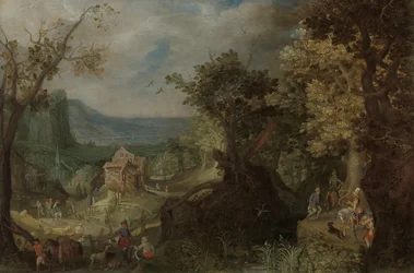 Jägare och ryttare på en skogsbevuxen väg, med en by i en dal bortom