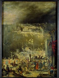 Utsikt över en hamn Representation av kommersiell verksamhet, lossning av varor, transaktioner på hamnen. Målning tillskriven Anton Mozart (1573-1625), sön. 0,3x0,22 m paris, Louvren