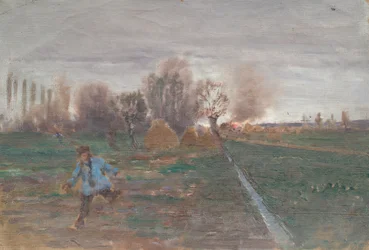 Landskap med brinnande hembygdsgård