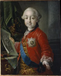 Porträtt av storhertig Pavel Petrovich Romanov (1754-1801), som barn. (Porträtt av storhertigen Pavel Petrovich som barn). Kejsare av Ryssland från 1796 till 1801. Målning av Anton Pavlovich Losenko (1737-1773), olja på duk