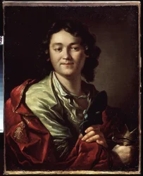 Porträtt av komikern Fedor (Fyodor) Volkov (cirka 1729-1763), grundare av den första ryska teatern (Porträtt av F. Volkov, grundaren av den första ryska teatern). Målning av Anton Pavlovich Losenko (1737-1773), olja på duk