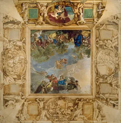 Apollo och Athena belönar Talents och Minerva flankerade av karyatider och medaljonger föreställande Mars, Venus, Hercules och Cybele, av Anton Raphael Mengs