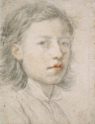 Självporträtt - Verk av Anton Raphael Mengs (1728-1779), blod och krita på papper (26,1 x 20,2 cm)