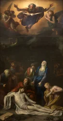 Nedstigningen från korset - Bland karaktärerna representerade runt Jesu Kristi kropp: Sankt Josef av Arimatea, Sankt Nikodeme, Sankta Maria Magdalena, Jungfru Maria och Sankt Johannes evangelisten – Representation av den heliga treenigheten (Gud, Jesus Chr