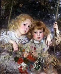 Porträtt av Ernest och Beatrice Makins på en gunga (panel)