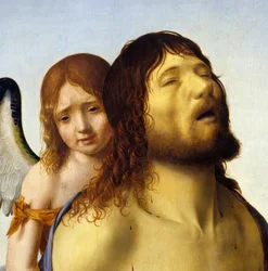 Detalj av "" Den döde Kristus stödd av en ängel"" Målning av Antonello da Messina (1430-1479) 1476-1479 Sön. 0,74x0,51 m Madrid, Pradomuseet.
