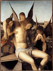 Pietà med tre änglar. Den döde Kristus stöds av tre änglar på hans grav. Målning av Antonello di Antonio, kallad Antonello da Messina (1430-1479), 1475. Mått 145 x 85 cm. Venedig, Museo Correr