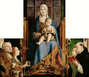 Tyska: Maria med barnet och S:t Nikolaus av Bari, Anastasia (), Ursula, Dominikus och (överlappas av ramen) Helena San Cassiano Altartavla