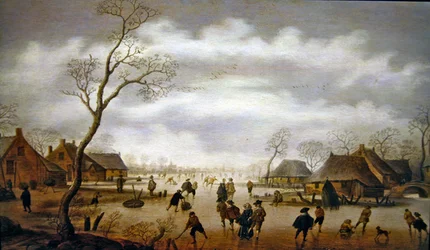 En vinterscen med skridskoåkare (olja på panel)