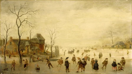 Vinterlandskap med skridskoåkare, golfspelare och bönder på frusna vattendrag (olja på panel)