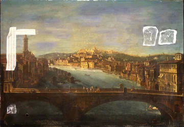 Utsikt över Verona med kyrkan S. Anastasia, Castel San Pietro, Castel San Felice och Ponte Nuovo över floden Adige, 1735