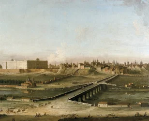 Utsikt över staden Madrid med det kungliga palatset ca 1750 från högra stranden av floden Manzanares, detalj (olja på duk)