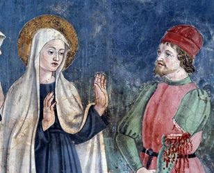 Life of St Francesca Romana: När hon återvänder till St John Lateran, helar helgonet en man med en avskuren arm, detalj (Fresco