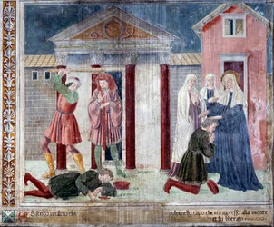 St Francesca Romanas liv: Helgonet helar en man som blivit slagen till döds av sina fiender (fresk)