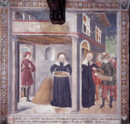 St. Francesca Romanas liv: under en allvarlig hungersnöd 1402 ger Francesca all sin säd till de fattiga (Fresco