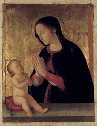 Jungfrun som tillber barnet altartavla av Antoniazzo Romano (1430-1508)