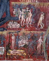 Djävulen i helvetet, detalj i cirkeln av lust och girighet (Fresco
