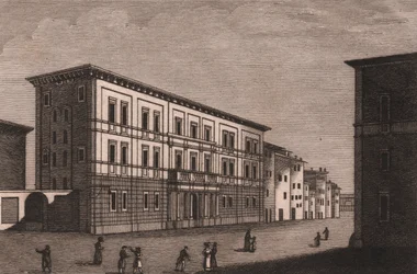 Vy över biskopspalatset i Pistoia, Toscana, Italien, kopparstick av Antonio Morghen (1788-1853), cirka 13x9,5 cm